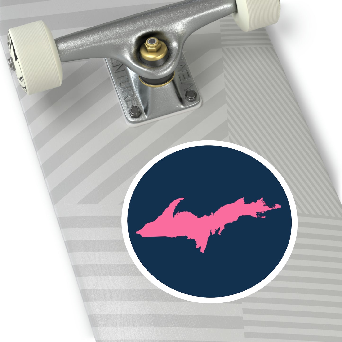 Michigan Upper Peninsula Round Stickers (Navy w/ Pink UP Outline) | Indoor\Outdoor