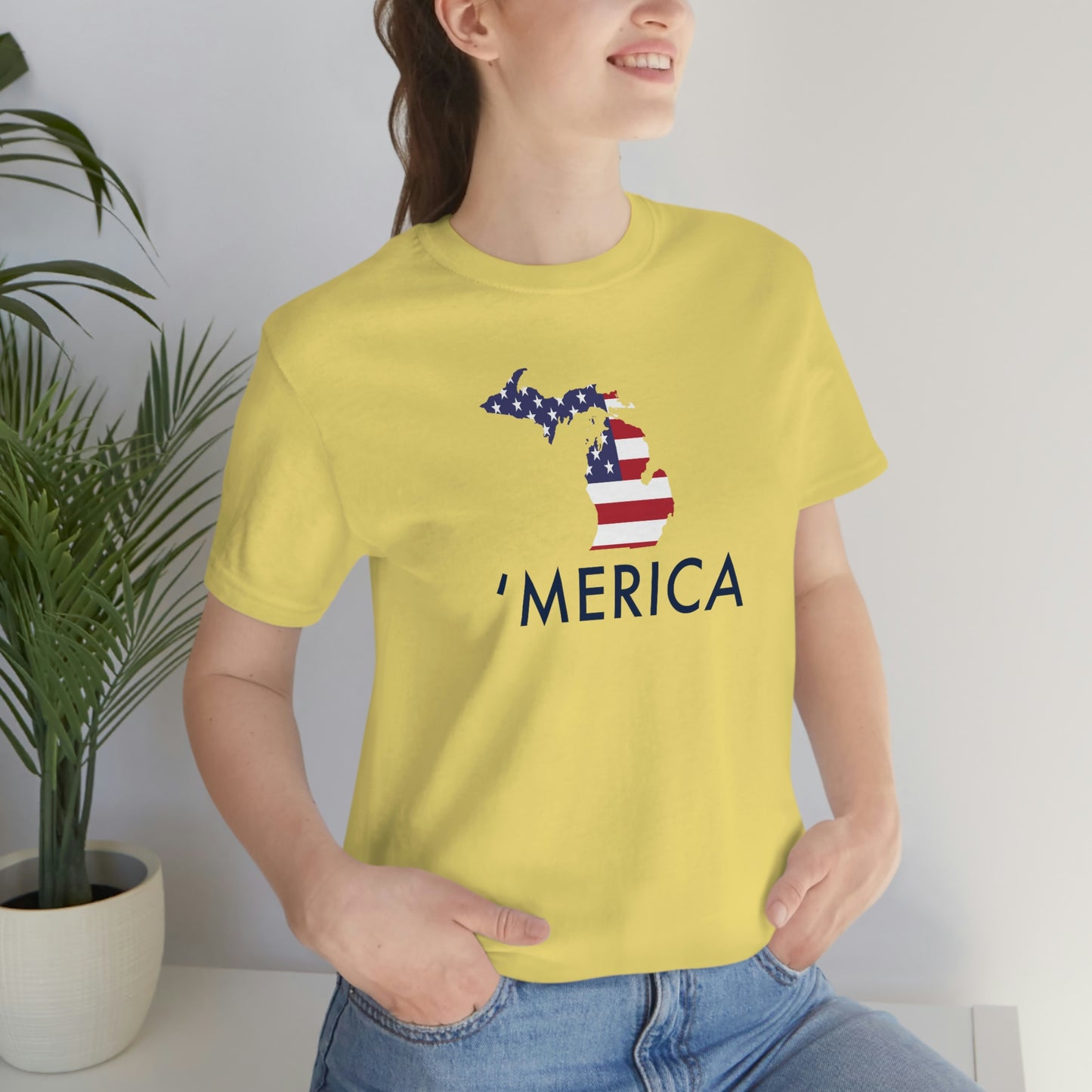 Michigan 'Merica' T-Shirt (Geometric Sans Font w/ MI USA Flag Outline) | Unisex Standard Fit