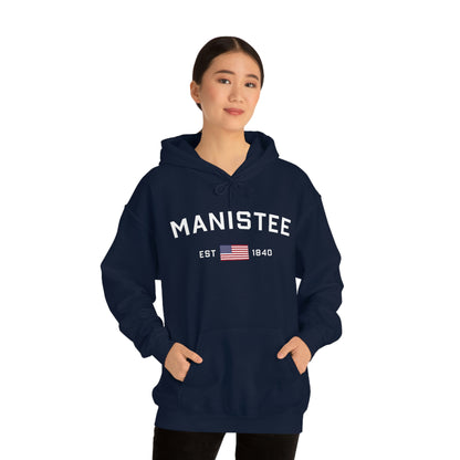 'Manistee EST 1840' Hoodie (w/USA Flag Outline) | Unisex Standard