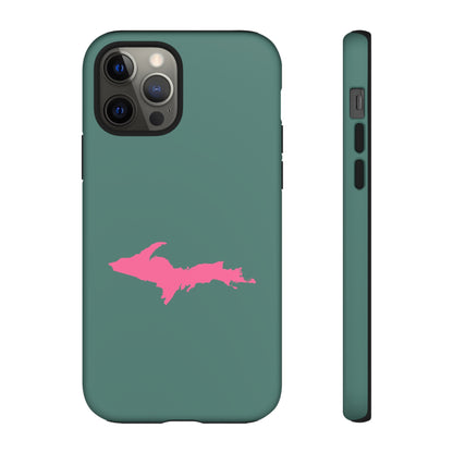 Michigan Upper Peninsula Tough Phone Case (Copper Green w/ Pink UP Outline) | Apple iPhone