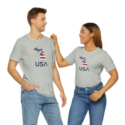 Michigan 'USA' T-Shirt (Space Agency Font w/ MI USA Flag Outline) | Unisex Standard Fit