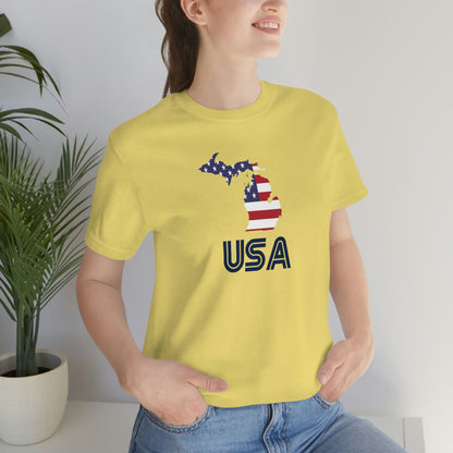 Michigan 'USA' T-Shirt (Audiophile Font w/ MI USA Flag Outline) | Unisex Standard Fit