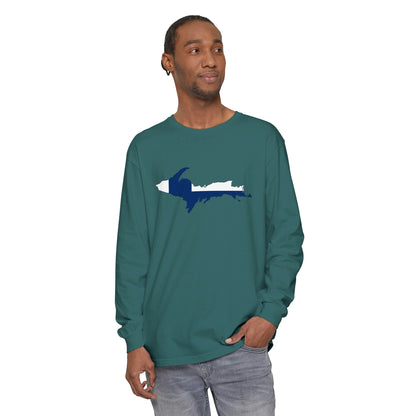 Michigan Upper Peninsula Garment-Dyed T-Shirt (w/ UP Finland Flag Outline) | Unisex Long Sleeve