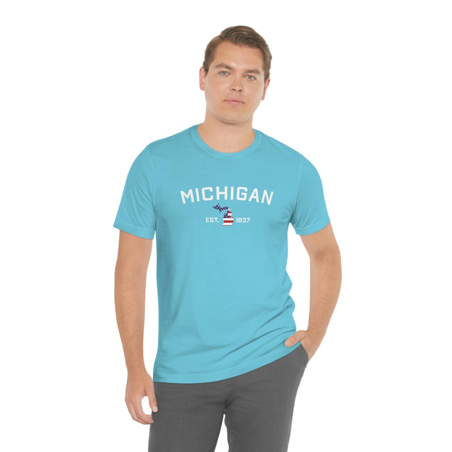 'Michigan EST 1837'' T-Shirt (w/ MI USA Flag Outline) | Unisex Standard Fit