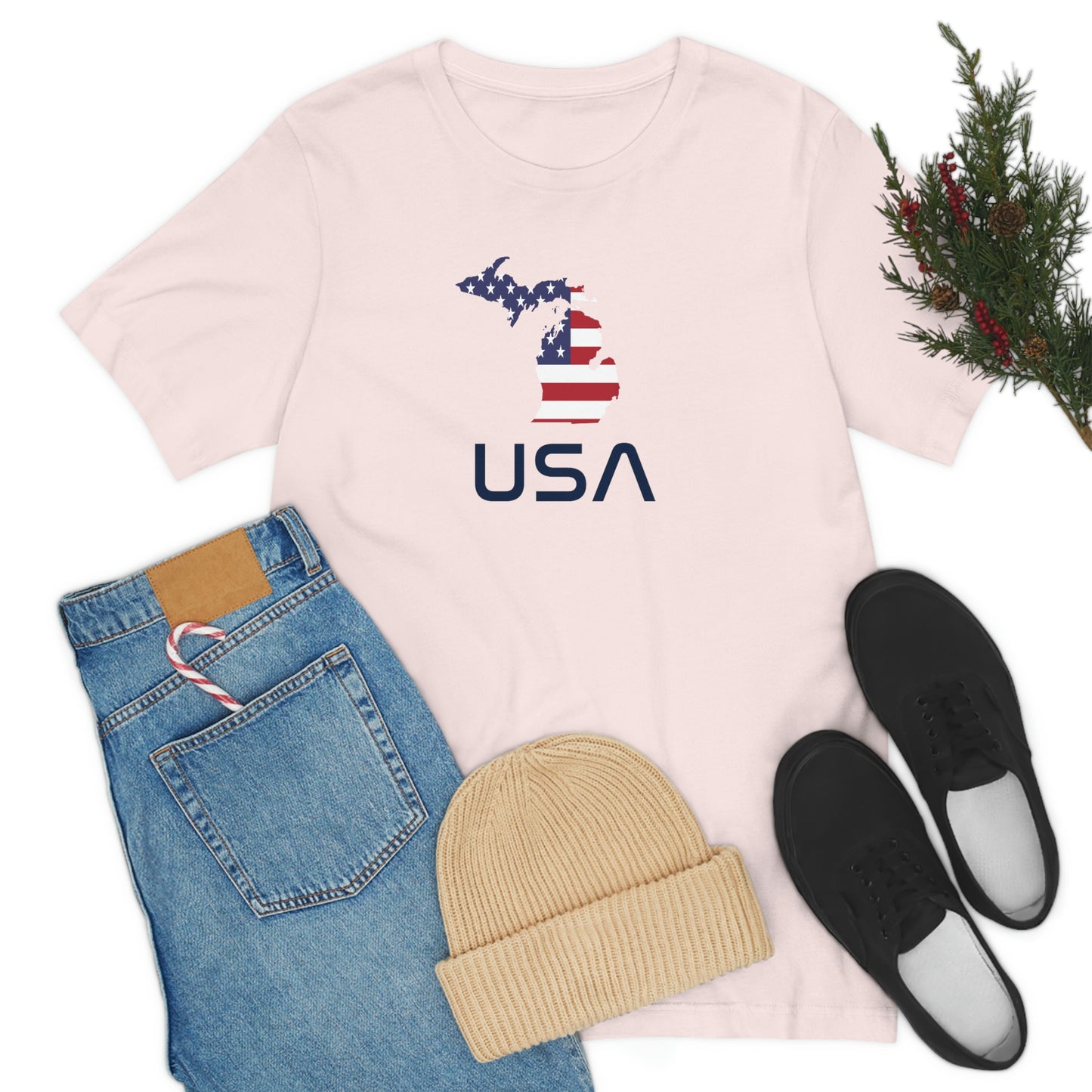 Michigan 'USA' T-Shirt (Space Agency Font w/ MI USA Flag Outline) | Unisex Standard Fit