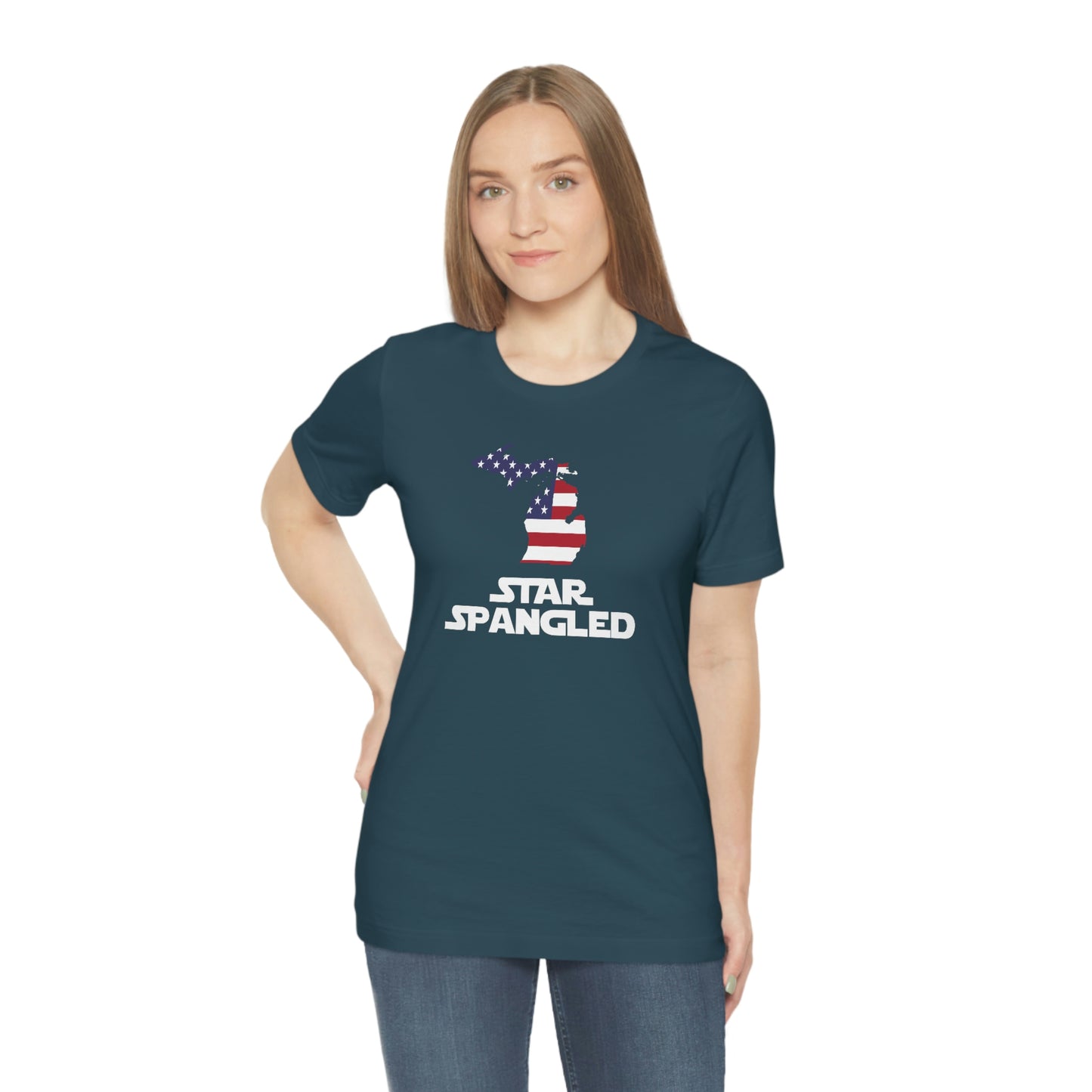 Michigan 'Star Spangled' T-Shirt (Epic Sci Fi Font w/ MI USA Flag Outline) | Unisex Standard Fit