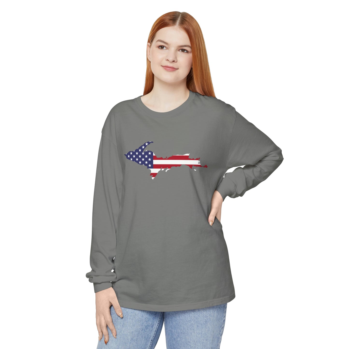 Michigan Upper Peninsula Garment-Dyed T-Shirt (w/ UP USA Flag Outline) | Unisex Long Sleeve