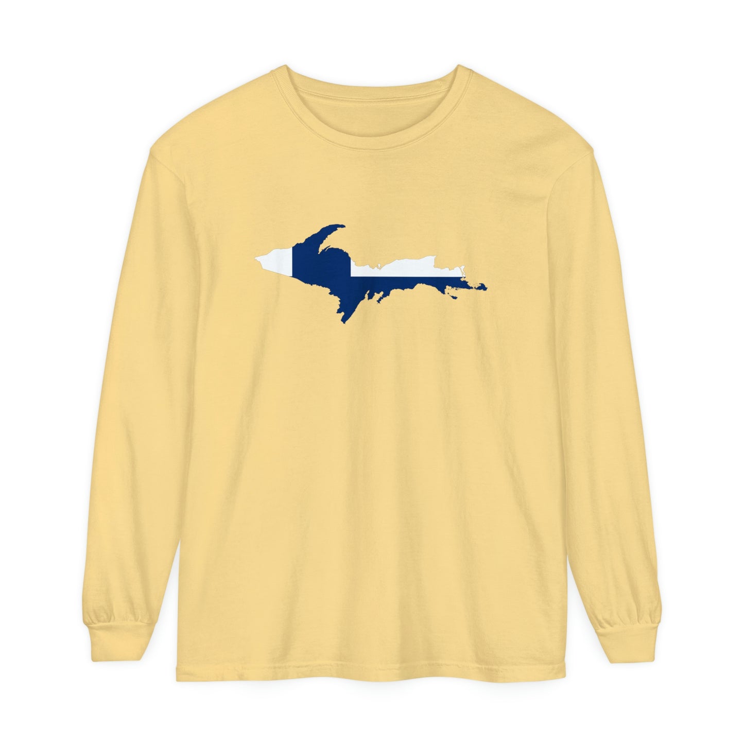 Michigan Upper Peninsula Garment-Dyed T-Shirt (w/ UP Finland Flag Outline) | Unisex Long Sleeve