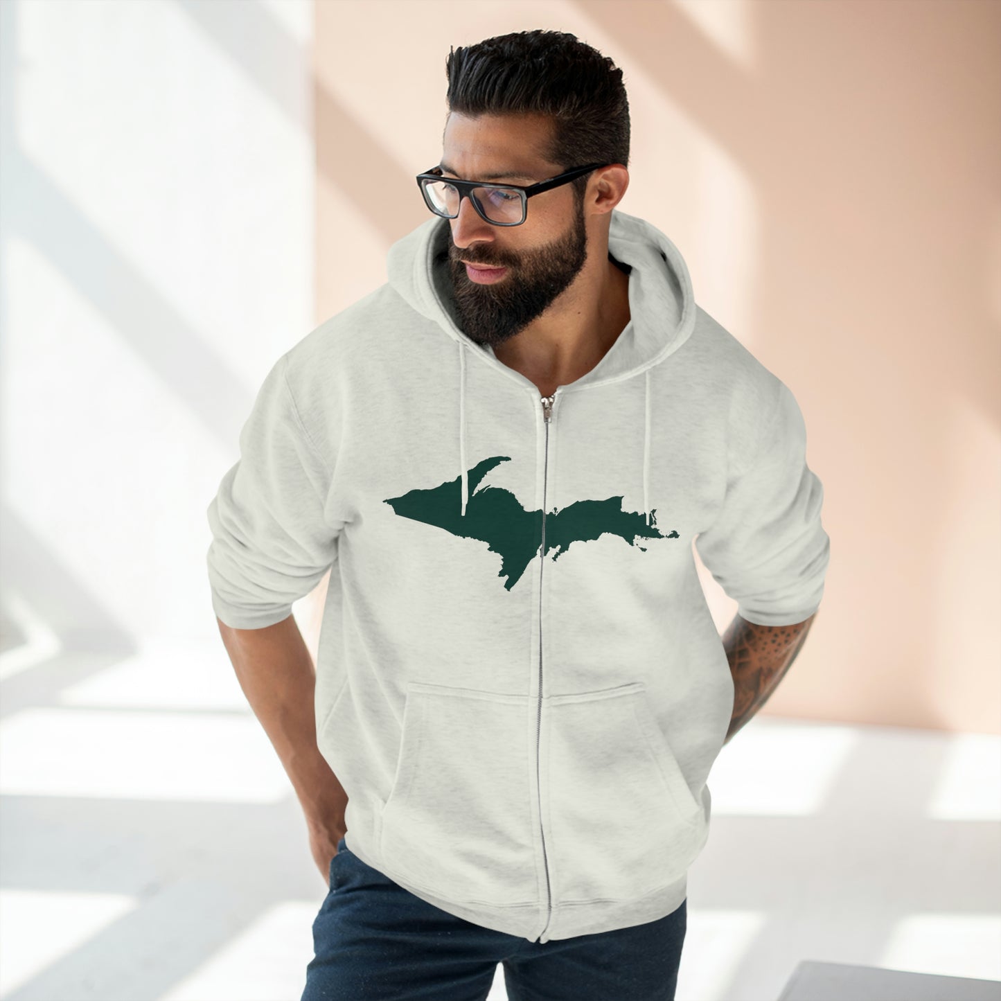 Michigan Upper Peninsula Full-Zip Hoodie (w/ Green UP Outline)