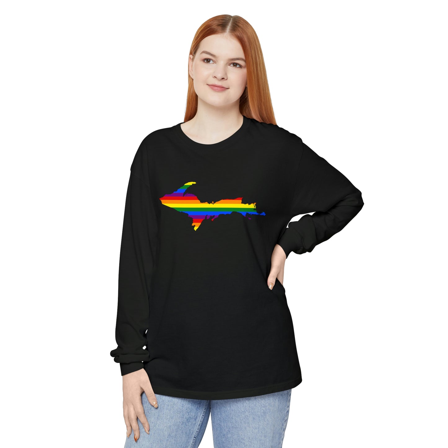 Michigan Upper Peninsula Garment-Dyed T-Shirt (w/ UP Pride Flag Outline) | Unisex Long Sleeve