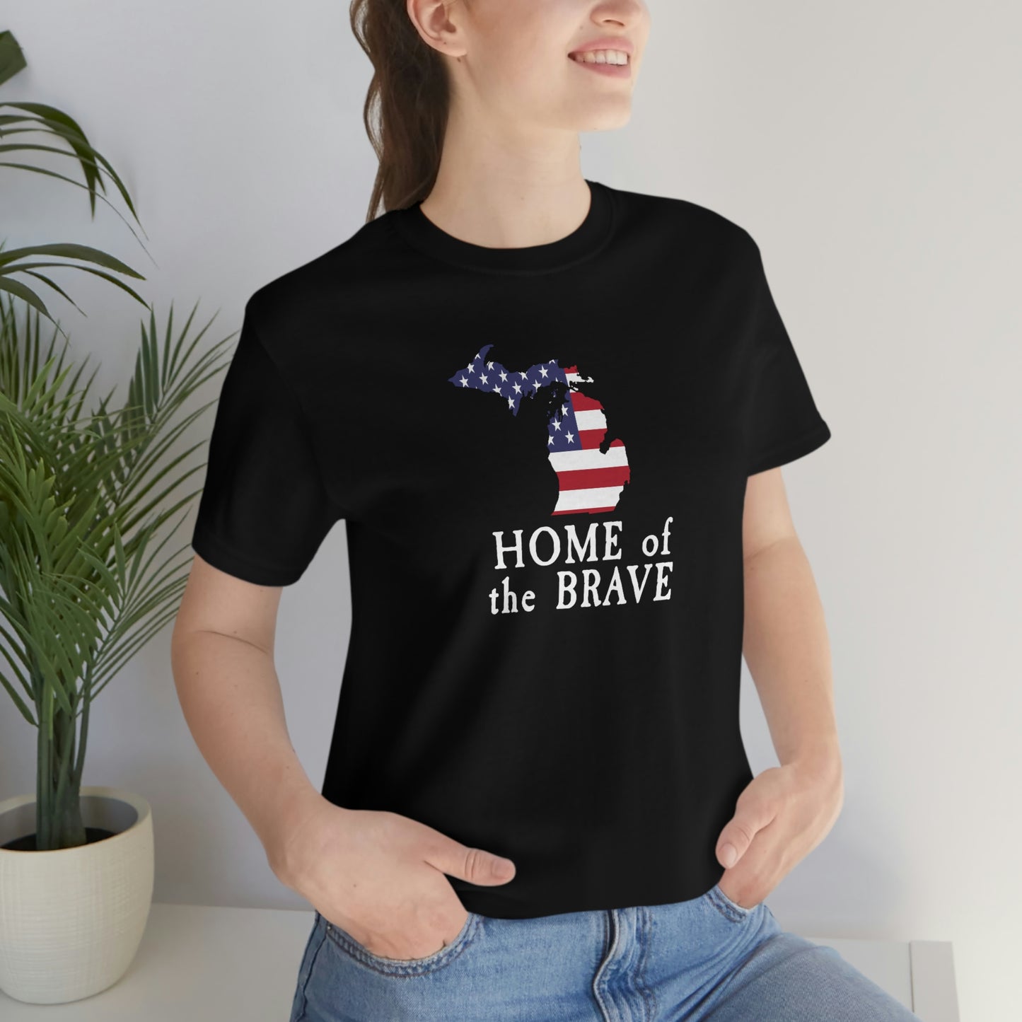 Michigan 'Home of the Brave' T-Shirt (Colonial Font w/ MI USA Outline) | Unisex Standard Fit