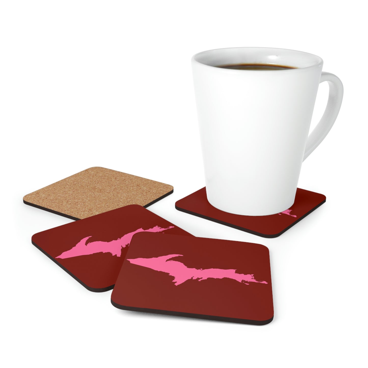 Michigan Upper Peninsula Coaster Set (Cherry Red w/ Pink UP Outline) | Corkwood - 4 pack