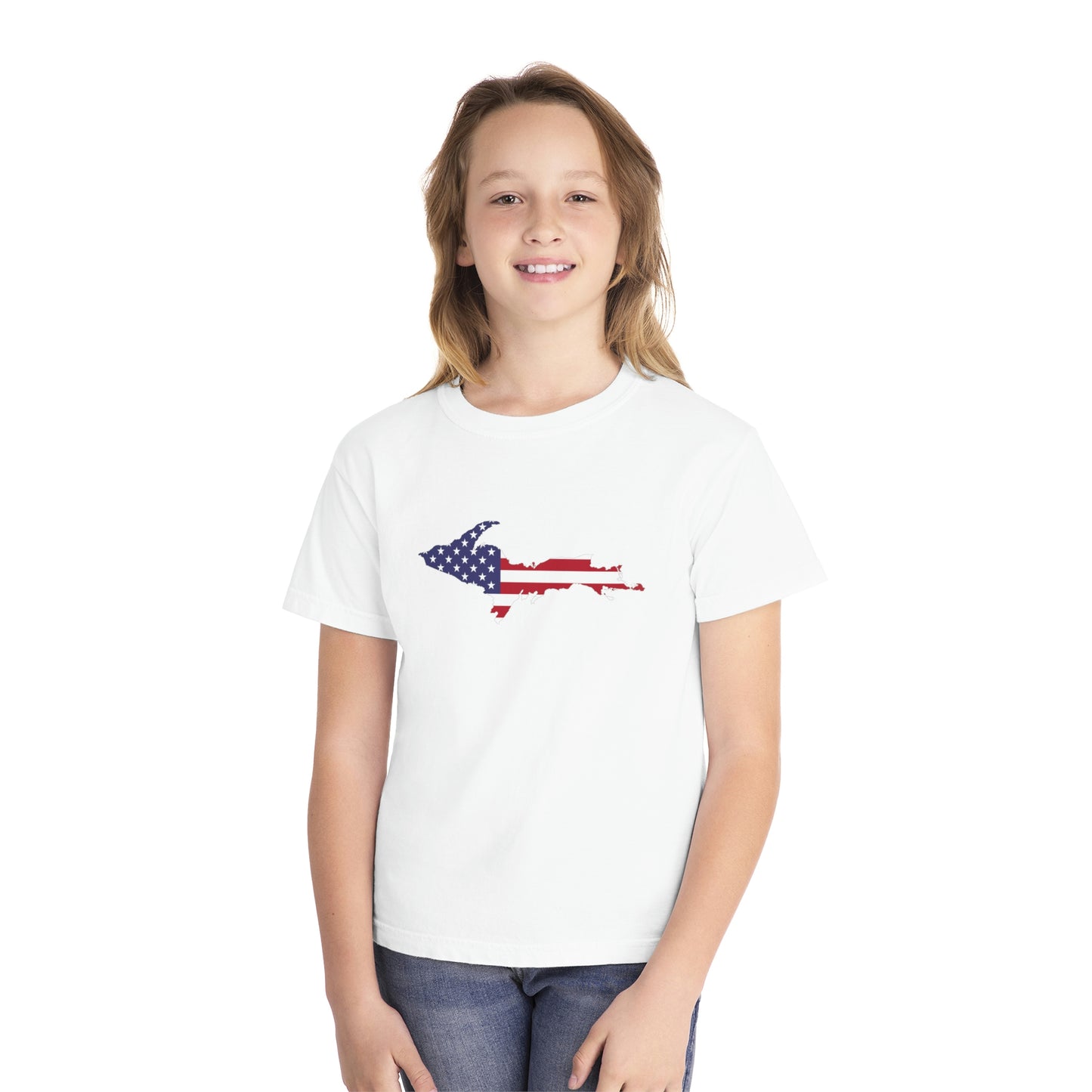 Michigan Upper Peninsula T-Shirt (w/ UP USA Flag Outline) | Youth Garment-Dyed