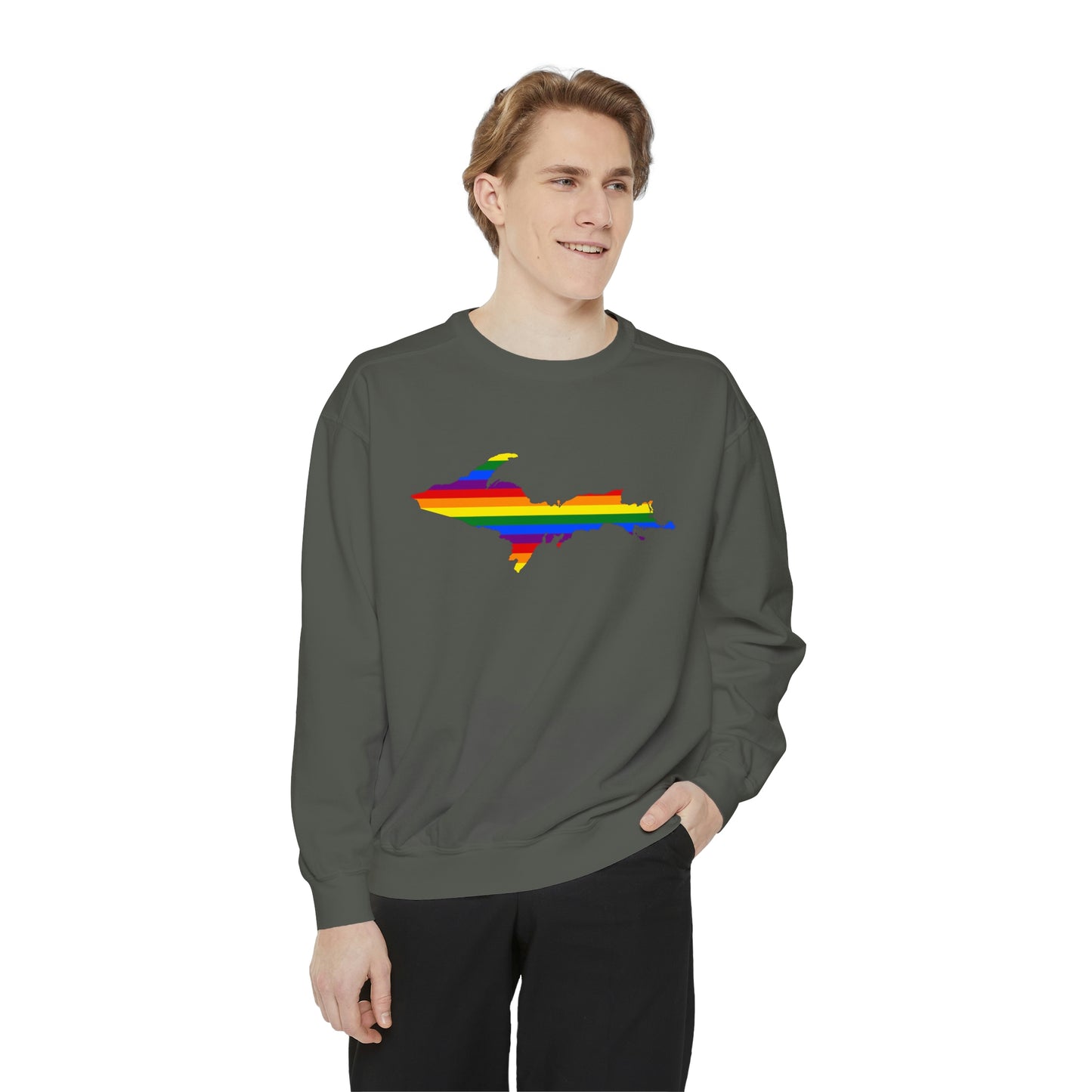 Michigan Upper Peninsula Sweatshirt (w/ UP Pride Flag Outline) | Unisex Garment Dyed