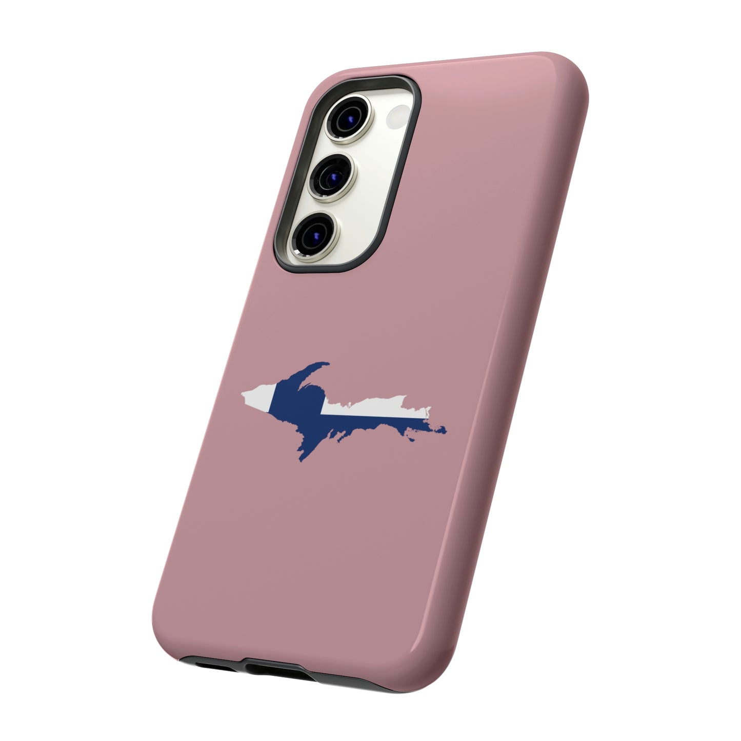 Michigan Upper Peninsula Tough Phone Case (Cherry Blossom Pink w/ UP Finland Flag Outline) | Samsung & Pixel Android