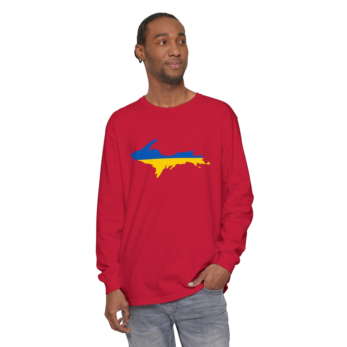 Michigan Upper Peninsula Garment-Dyed T-Shirt (w/ UP Ukraine Flag Outline) | Unisex Long Sleeve