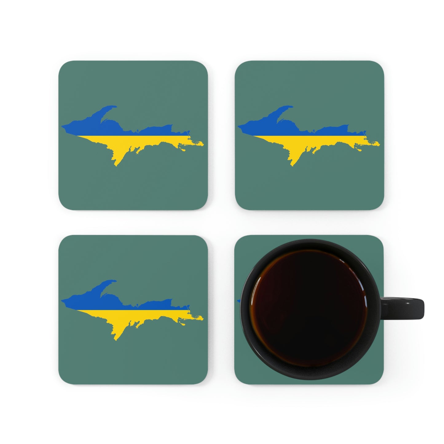 Michigan Upper Peninsula Coaster Set (Copper Green w/ UP Ukraine Flag Outline) | Corkwood - 4 pack