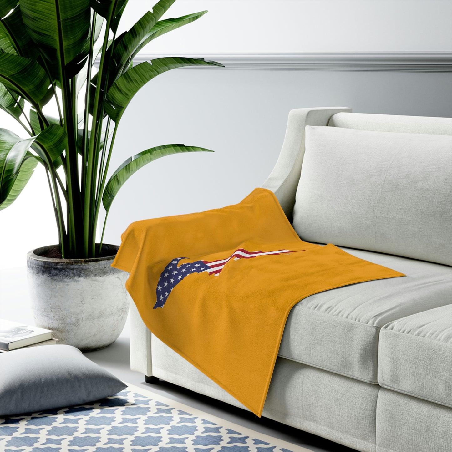 Michigan Upper Peninsula Plush Blanket (w/ UP USA Flag Outline) | Birch Leaf Orange