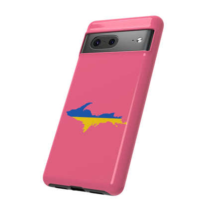 Michigan Upper Peninsula Tough Phone Case (Rhodochrosite Pink w/ UP Ukraine Flag Outline) | Samsung & Pixel Android