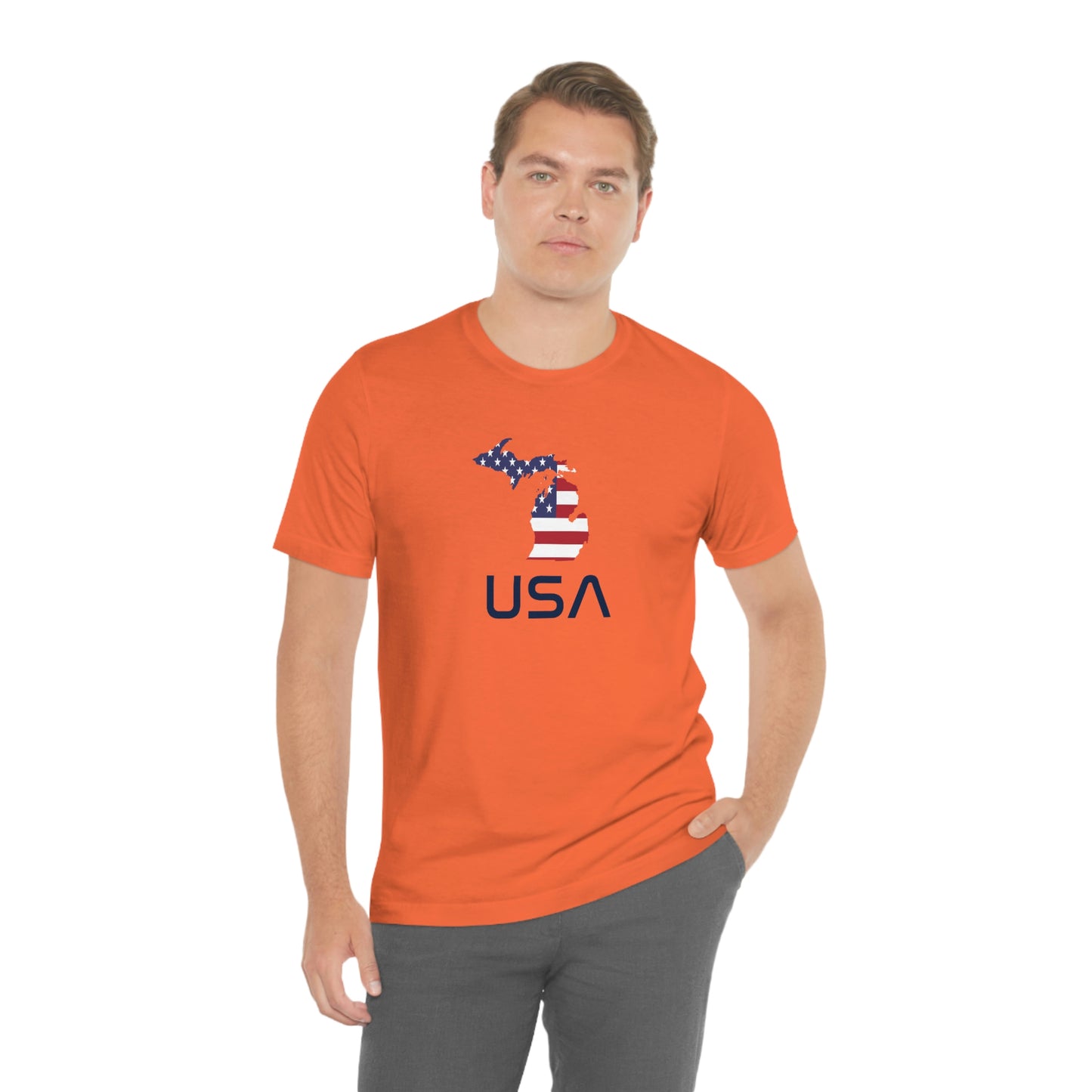 Michigan 'USA' T-Shirt (Space Agency Font w/ MI USA Flag Outline) | Unisex Standard Fit