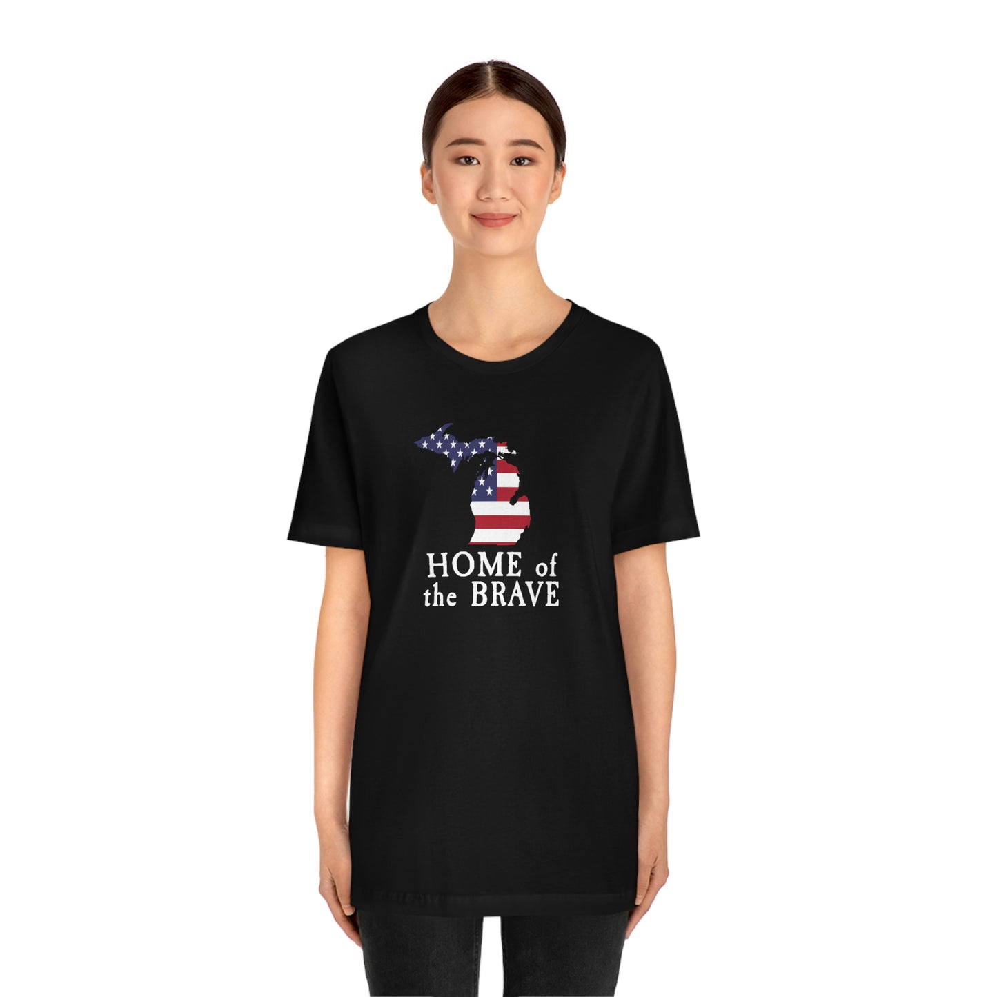 Michigan 'Home of the Brave' T-Shirt (Colonial Font w/ MI USA Outline) | Unisex Standard Fit
