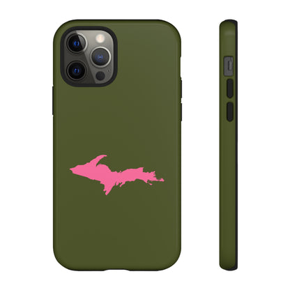 Michigan Upper Peninsula Tough Phone Case (Army Green w/ Pink UP Outline) | Apple iPhone