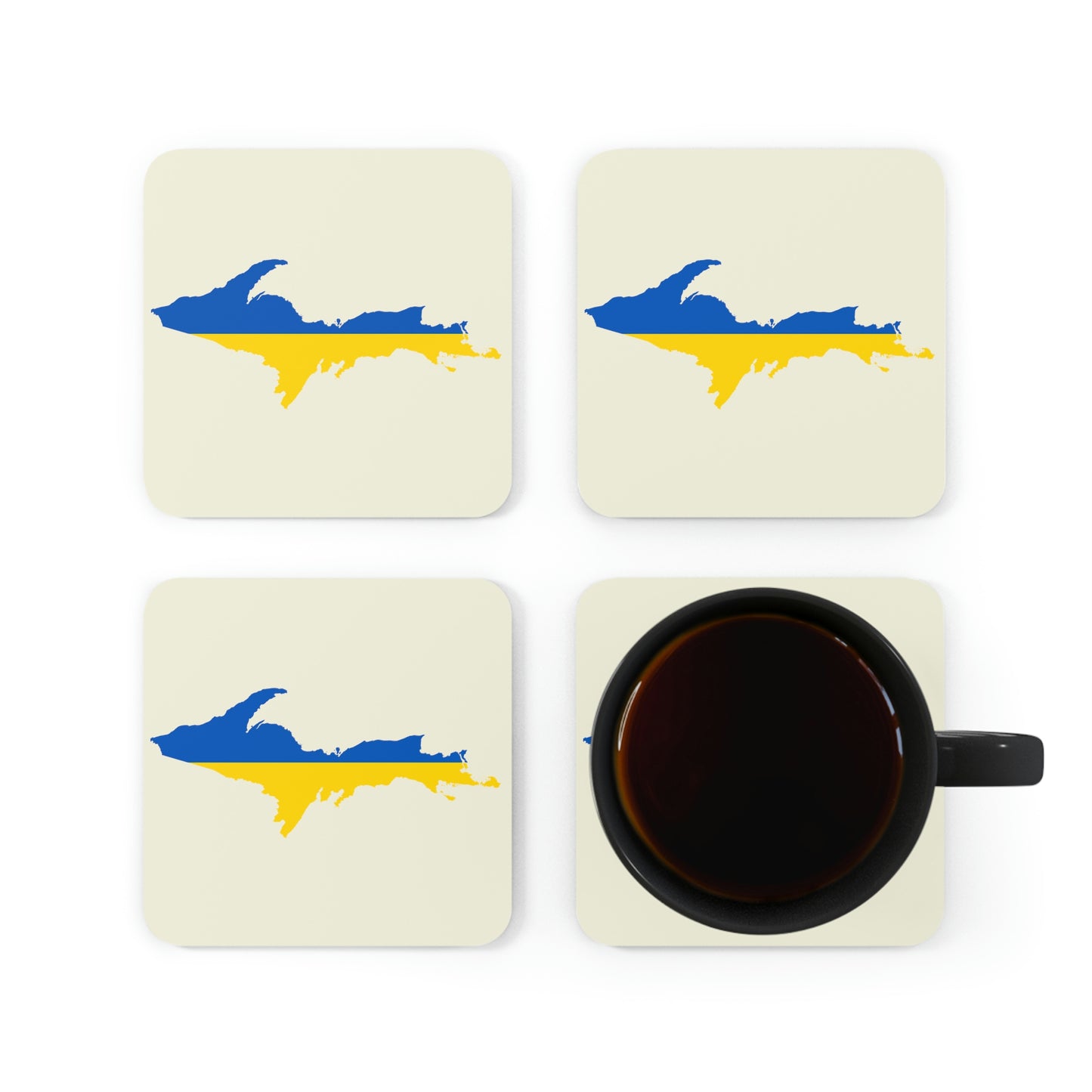 Michigan Upper Peninsula Coaster Set (Ivory Color w/ UP Ukraine Flag Outline) | Corkwood - 4 pack