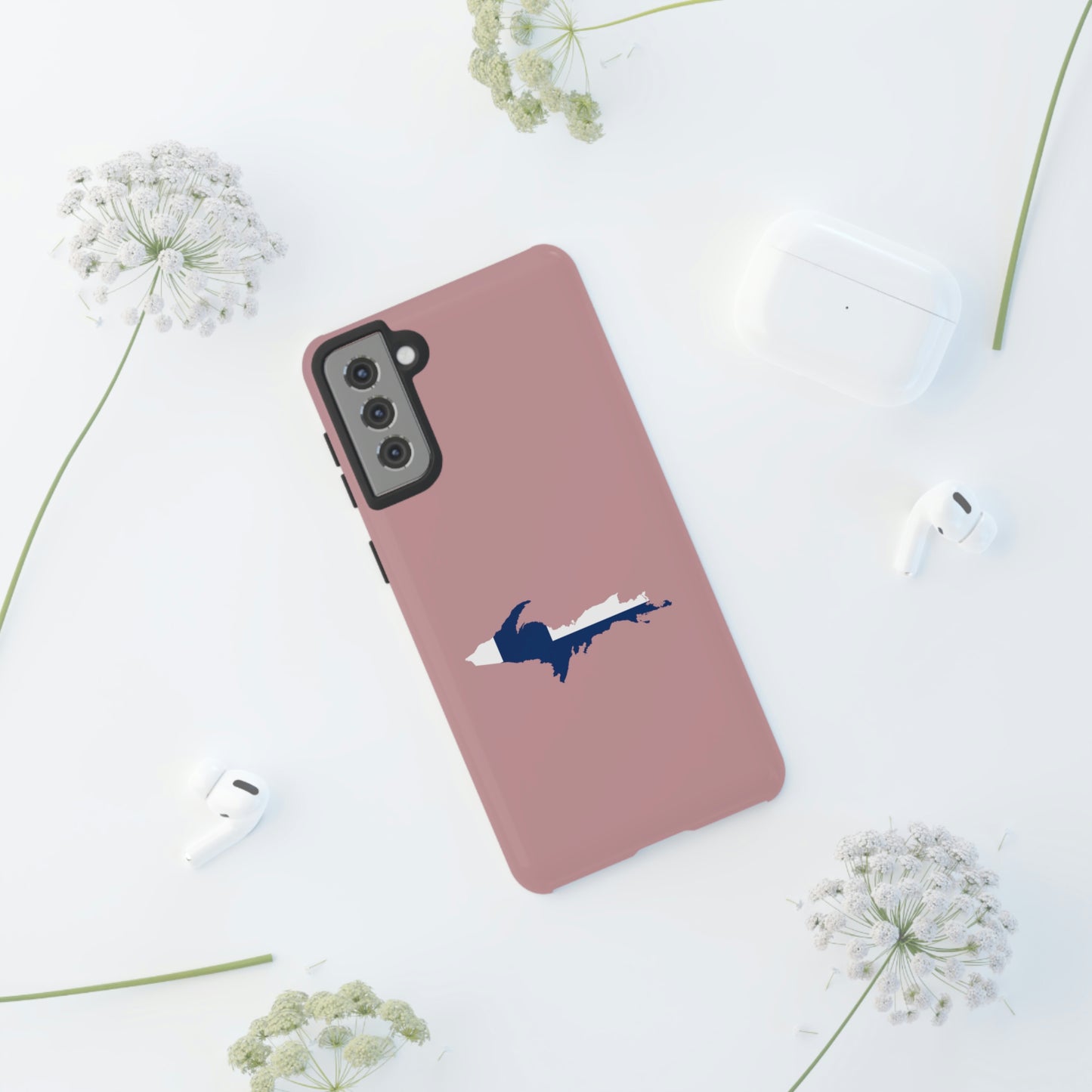 Michigan Upper Peninsula Tough Phone Case (Cherry Blossom Pink w/ UP Finland Flag Outline) | Samsung & Pixel Android