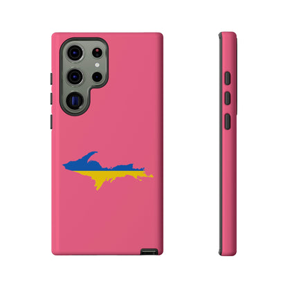 Michigan Upper Peninsula Tough Phone Case (Rhodochrosite Pink w/ UP Ukraine Flag Outline) | Samsung & Pixel Android