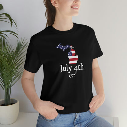 Michigan 'July 4th 1776' T-Shirt (Patriot Font w/ MI USA Outline) | Unisex Standard Fit