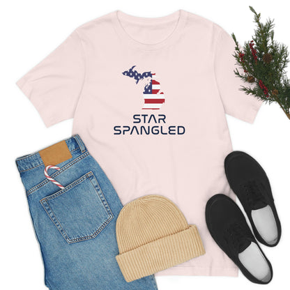 Michigan 'Star Spangled' T-Shirt (Space Agency Font w/ MI USA Flag Outline) | Unisex Standard Fit