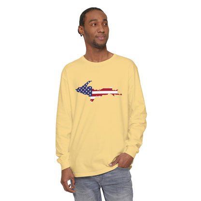 Michigan Upper Peninsula Garment-Dyed T-Shirt (w/ UP USA Flag Outline) | Unisex Long Sleeve