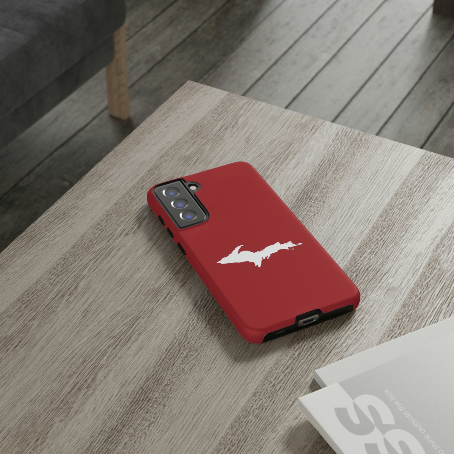 Michigan Upper Peninsula Tough Phone Case (Thimbleberry Red w/ UP Outline) | Samsung & Pixel Android