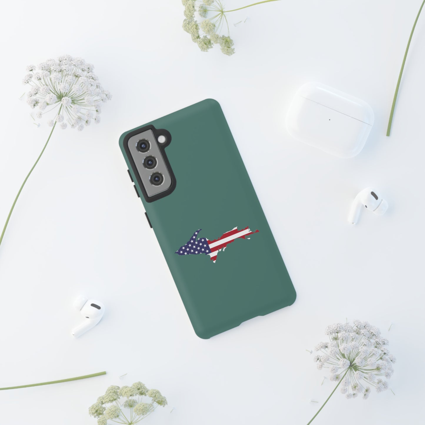 Michigan Upper Peninsula Tough Phone Case (Copper Green w/ UP USA Flag Outline) | Samsung & Pixel Android