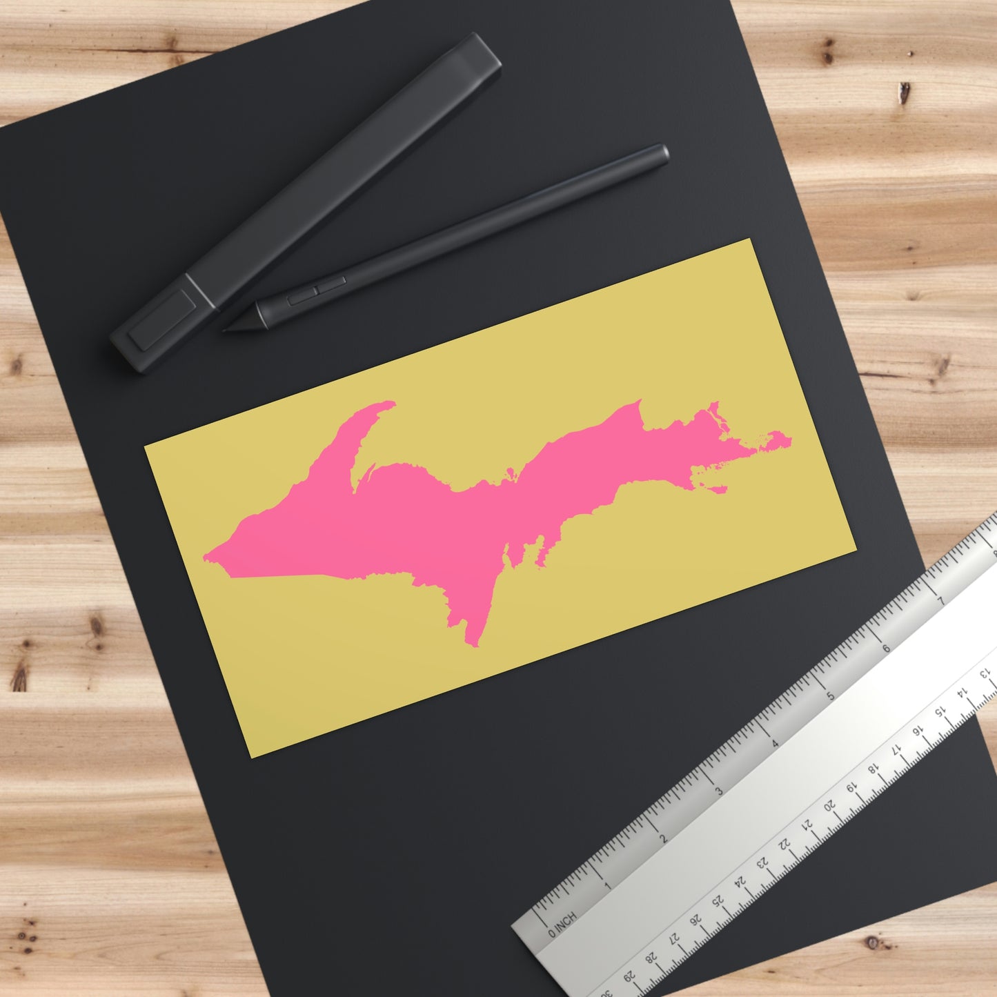 Michigan Upper Peninsula Bumper Sticker (w/ Pink UP Outline) | Plum Yellow Background