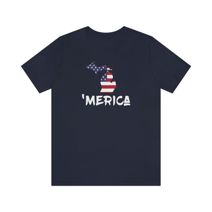 Michigan 'Merica' T-Shirt (Brush Font w/ MI USA Flag Outline) | Unisex Standard Fit