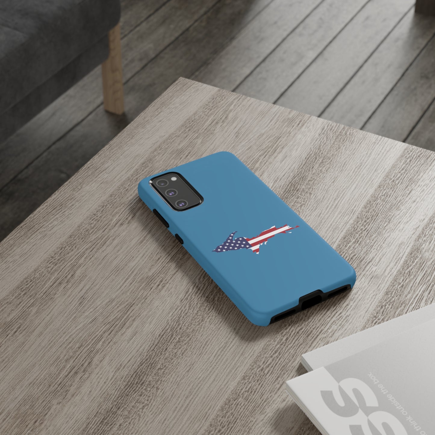 Michigan Upper Peninsula Tough Phone Case (Lake Michigan Blue w/ UP USA Flag Outline) | Samsung & Pixel Android