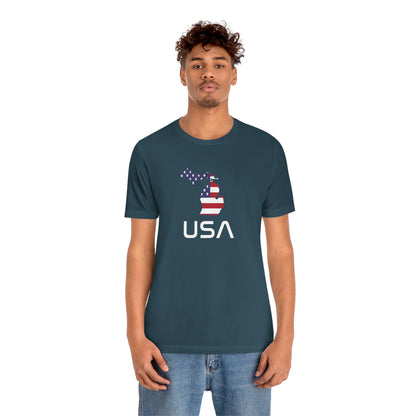 Michigan 'USA' T-Shirt (Space Agency Font w/ MI USA Flag Outline) | Unisex Standard Fit