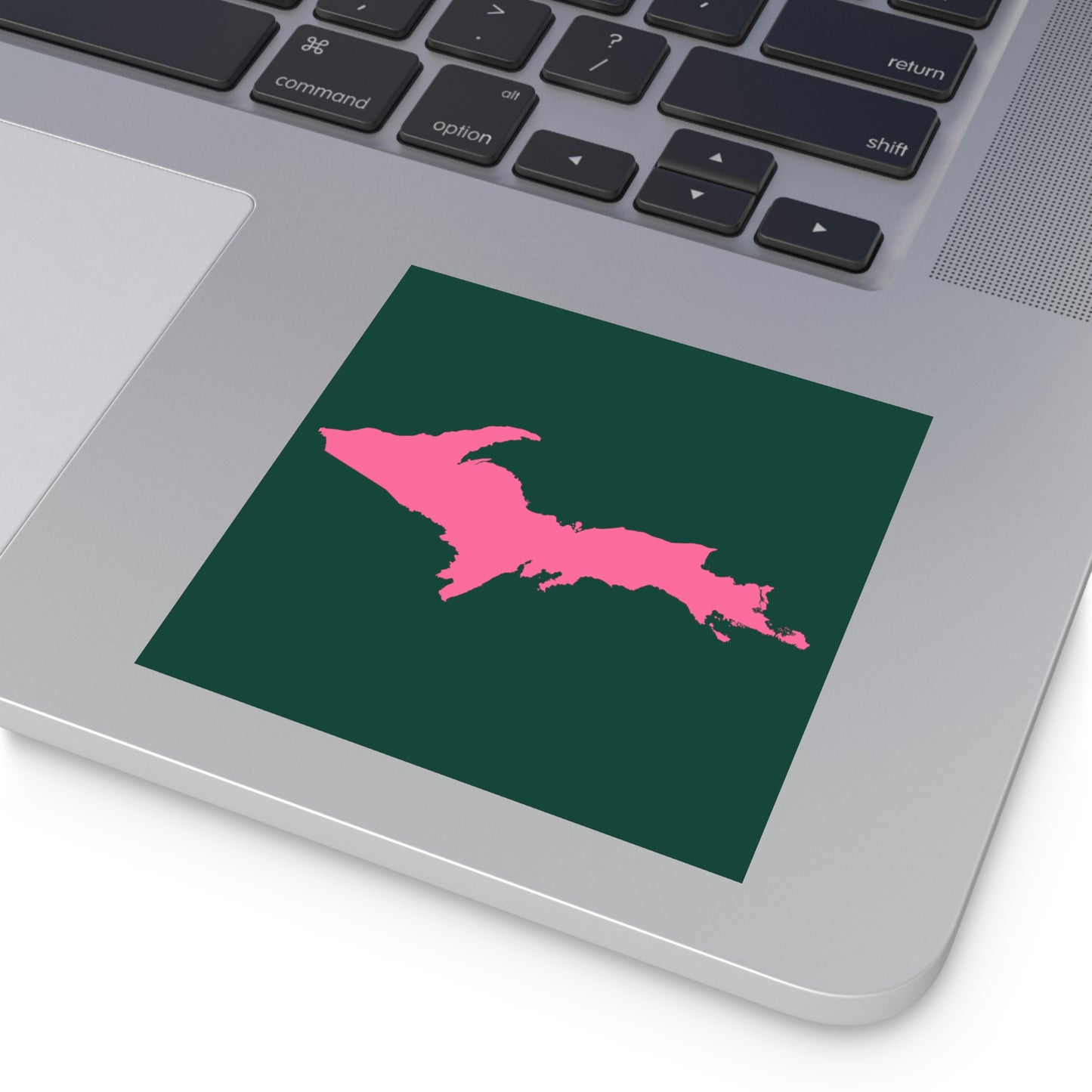 Michigan Upper Peninsula Square Sticker (Green w/ Pink UP Outline) | Indoor/Outdoor