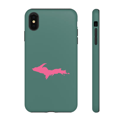 Michigan Upper Peninsula Tough Phone Case (Copper Green w/ Pink UP Outline) | Apple iPhone