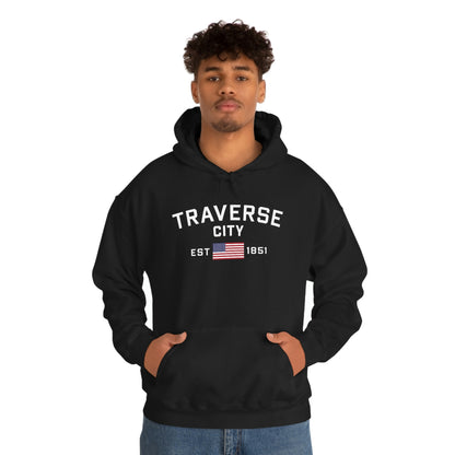 'Traverse City EST 1851' Hoodie (w/USA Flag Outline) | Unisex Standard