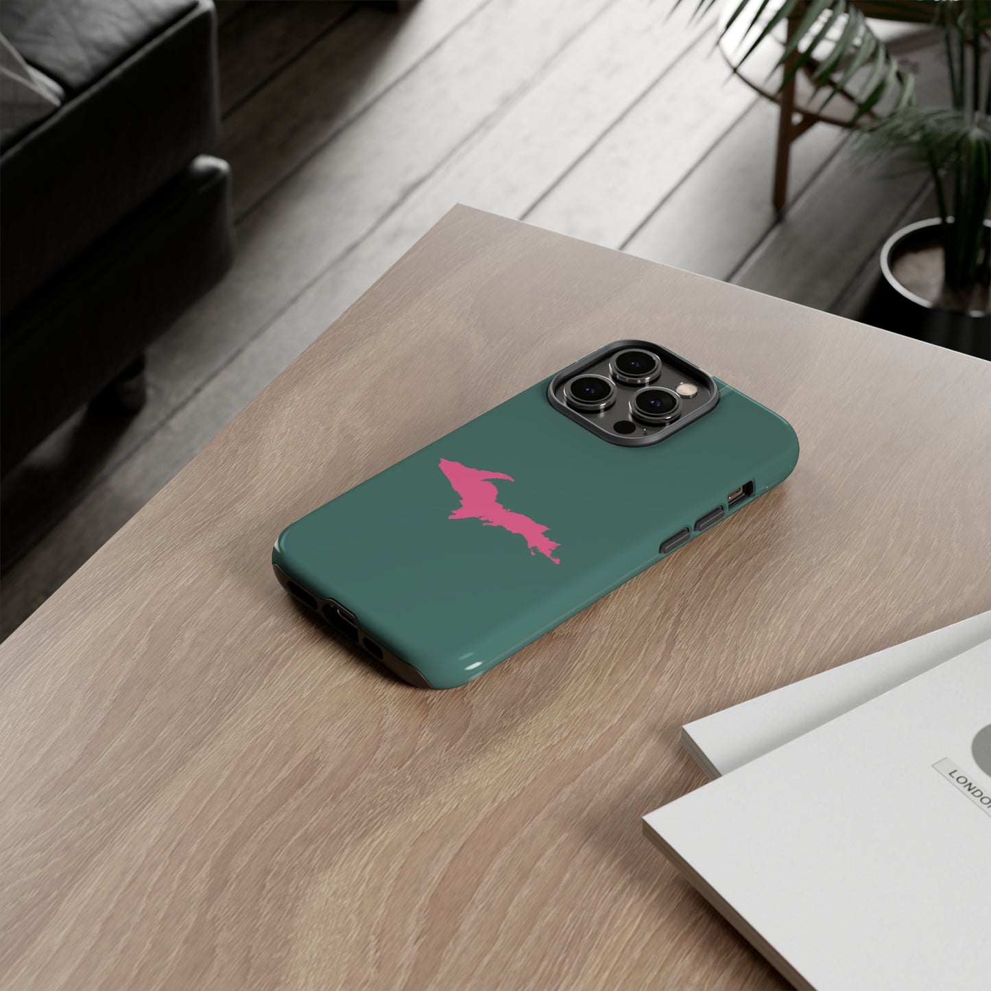 Michigan Upper Peninsula Tough Phone Case (Copper Green w/ Pink UP Outline) | Apple iPhone