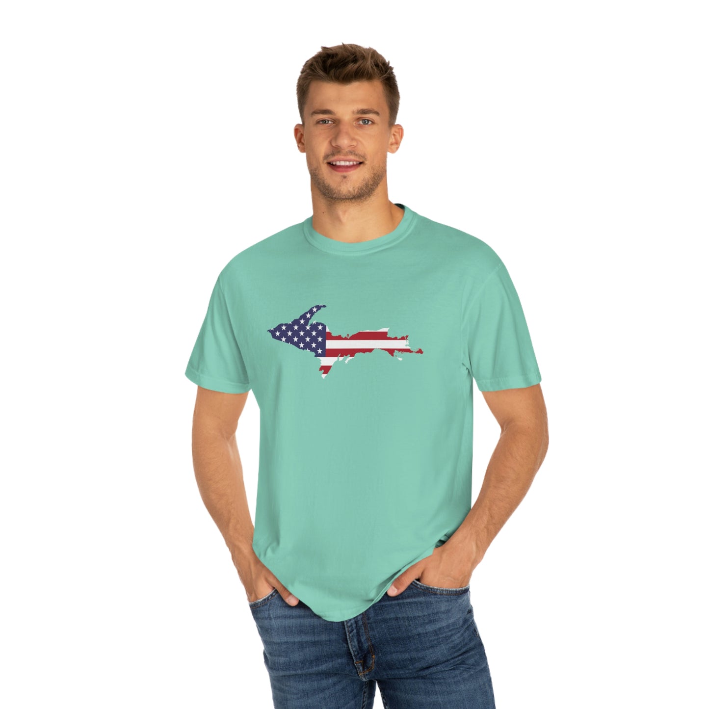 Michigan Upper Peninsula T-Shirt (w/ UP USA Flag Outline) | Unisex Garment-Dyed