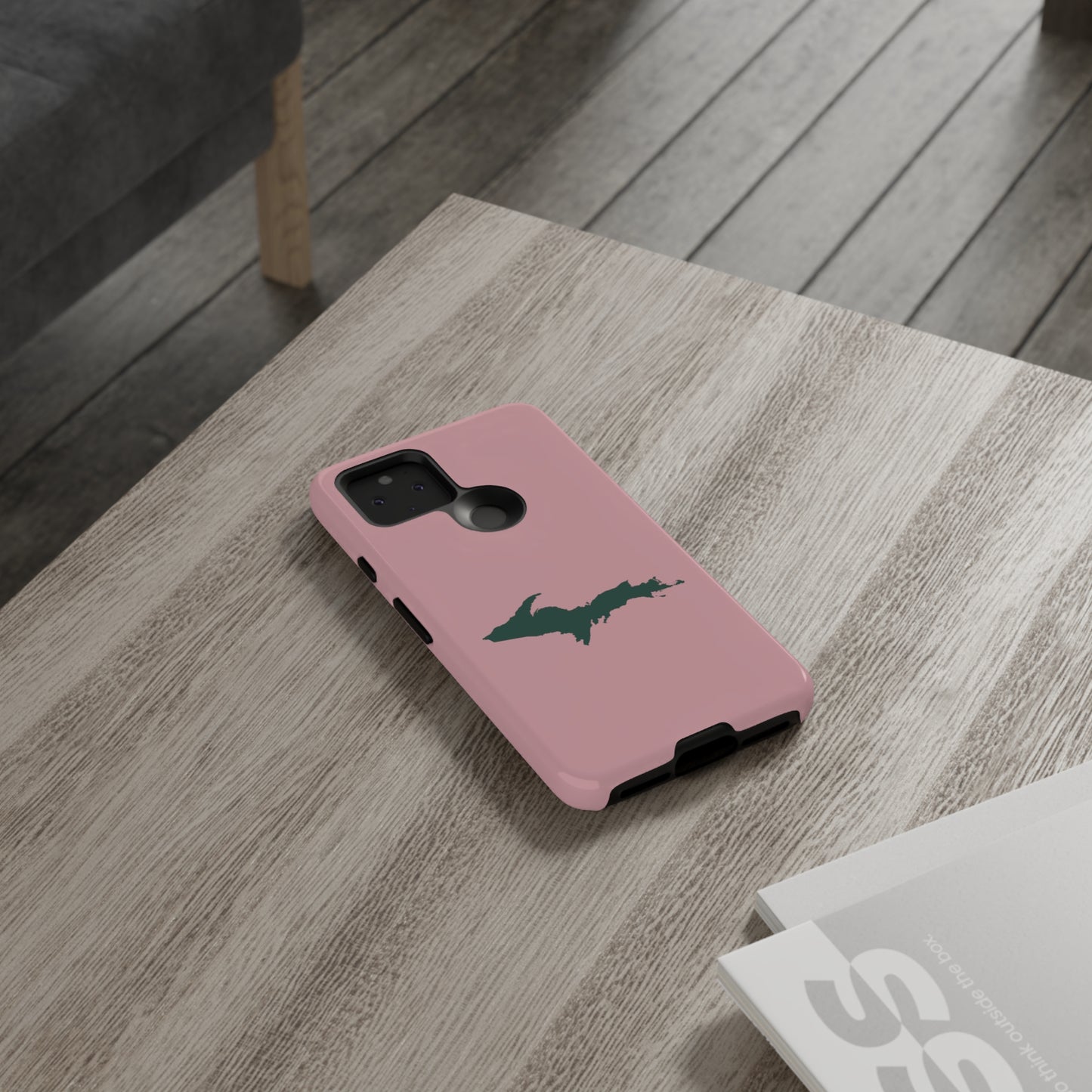 Michigan Upper Peninsula Tough Phone Case (Cherry Blossom Pink w/ Green UP Outline) | Samsung & Pixel Android