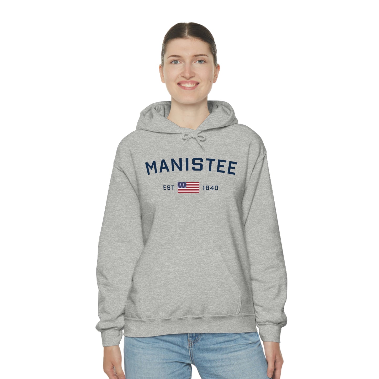 'Manistee EST 1840' Hoodie (w/USA Flag Outline) | Unisex Standard