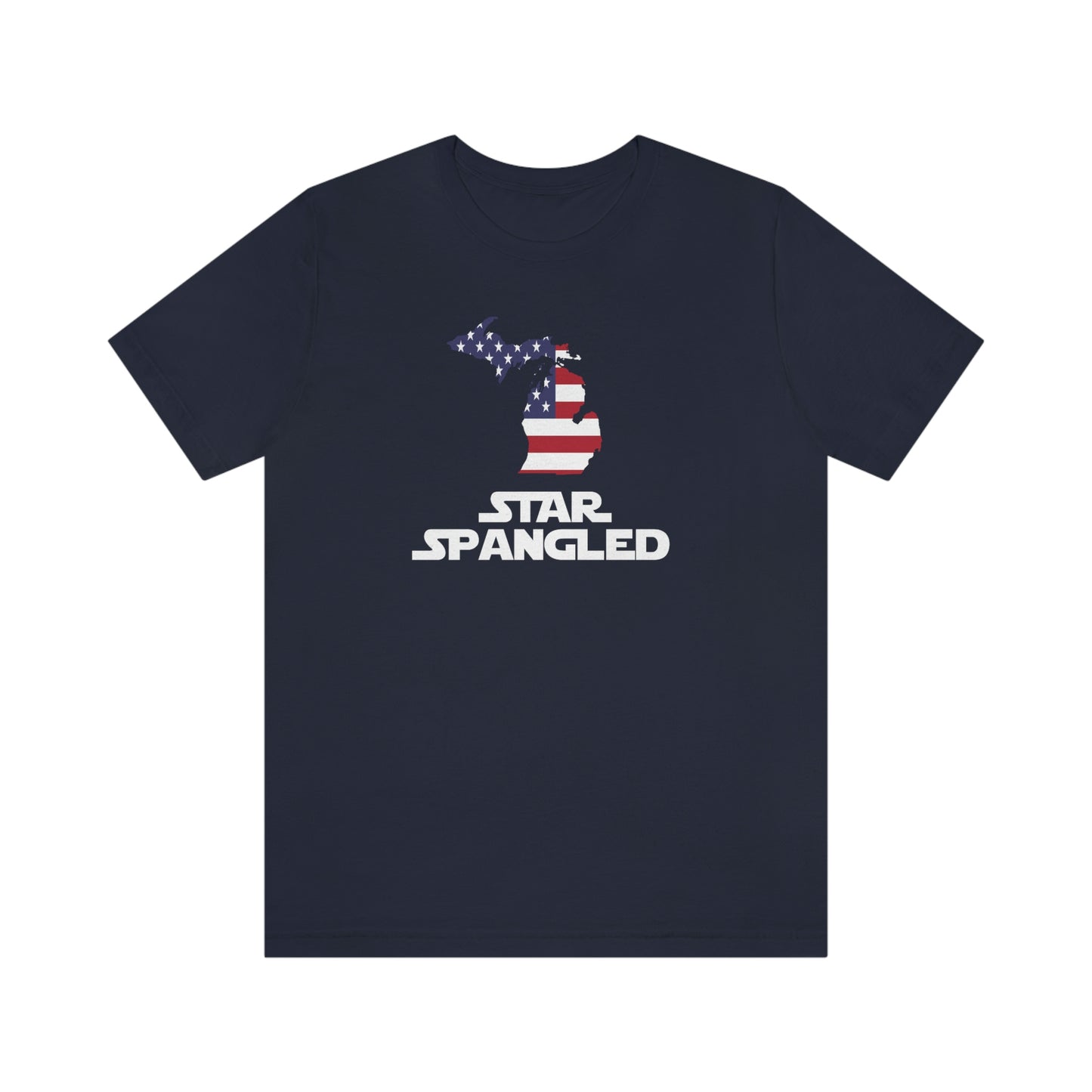 Michigan 'Star Spangled' T-Shirt (Epic Sci Fi Font w/ MI USA Flag Outline) | Unisex Standard Fit