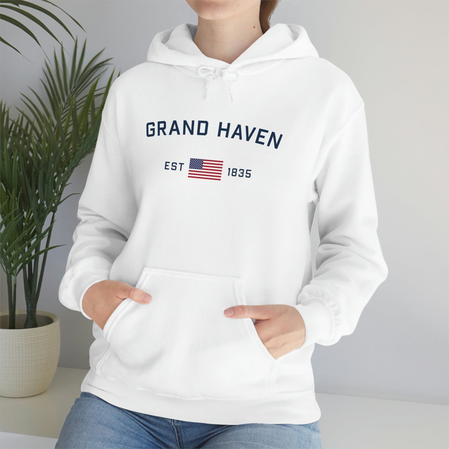 'Grand Haven EST 1835' Hoodie (w/USA Flag Outline) | Unisex Standard