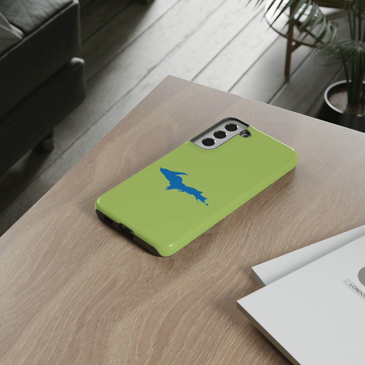 Michigan Upper Peninsula Tough Phone Case (Gooseberry Green w/ Azure UP Outline) | Samsung & Pixel Android