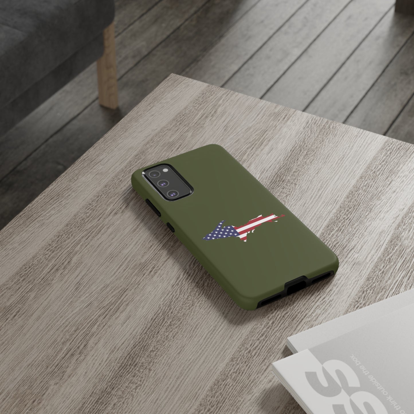 Michigan Upper Peninsula Tough Phone Case (Army Green w/ UP USA Flag Outline) | Samsung & Pixel Android