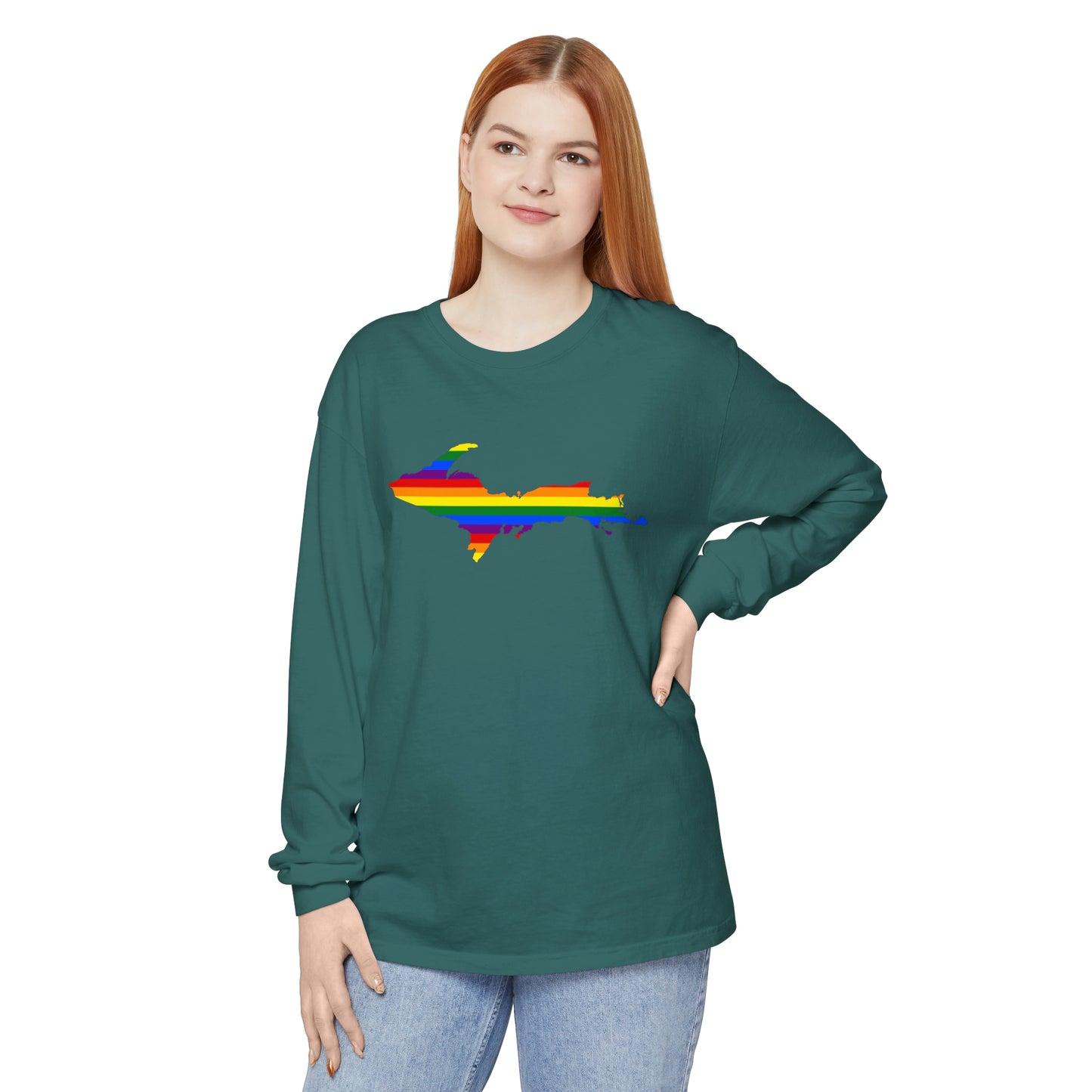 Michigan Upper Peninsula Garment-Dyed T-Shirt (w/ UP Pride Flag Outline) | Unisex Long Sleeve